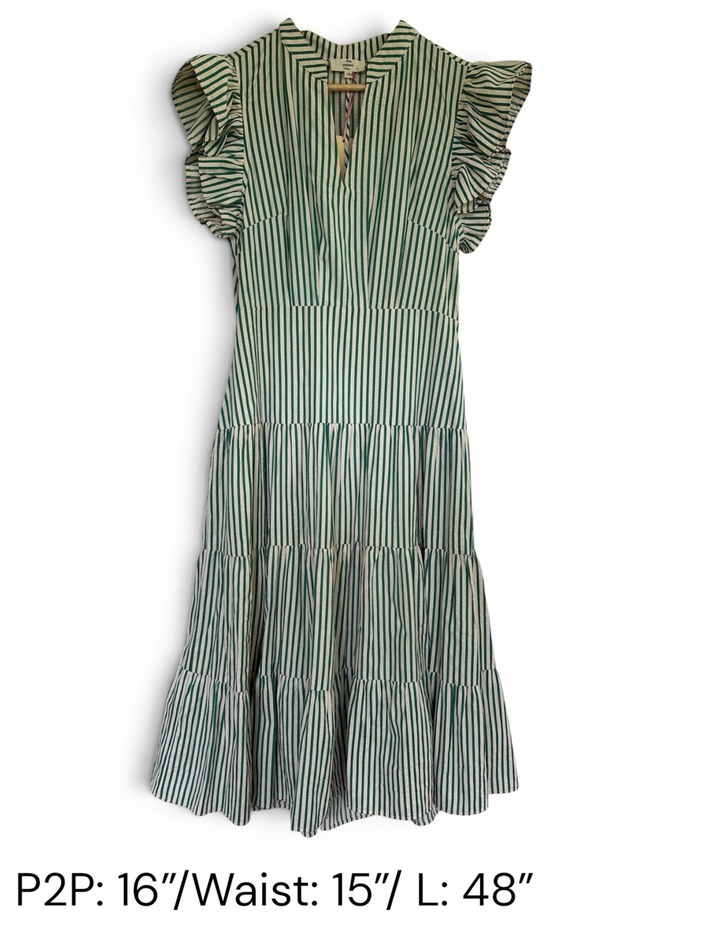 entro Green and White Striped Tiered Midi Dress